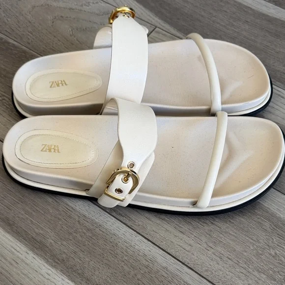 Zara Cream Slide Sandals with Gold Buckle - Women - Picture 2 of 3